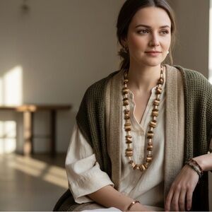 Handcrafted Wooden Bead Slip-On Necklace Boho Artisan Earth Tone